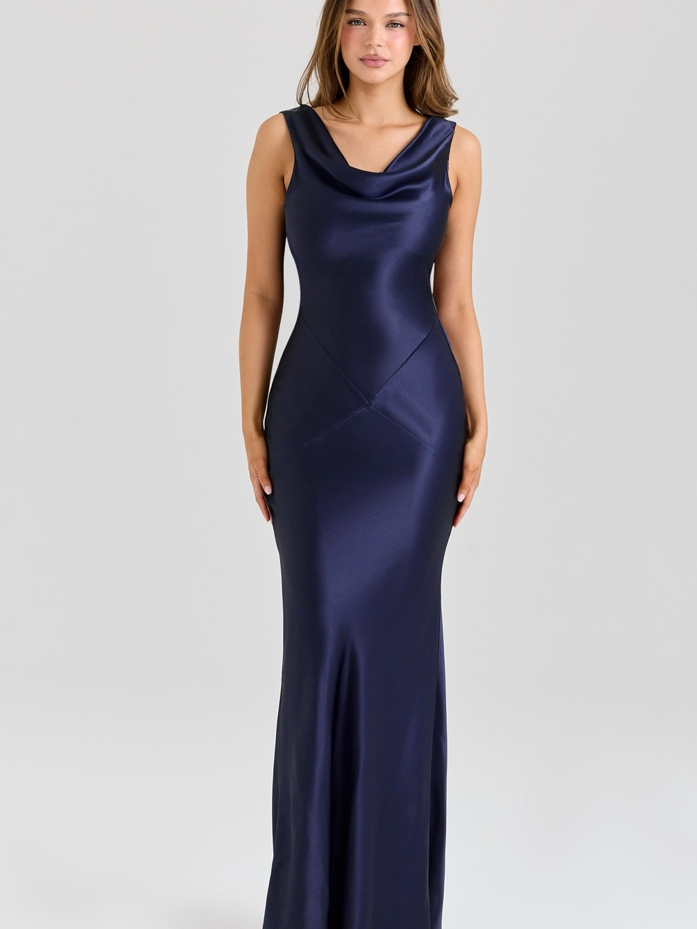 Navy “Safaira” Navy Satin Draped Cowl Maxi Dress